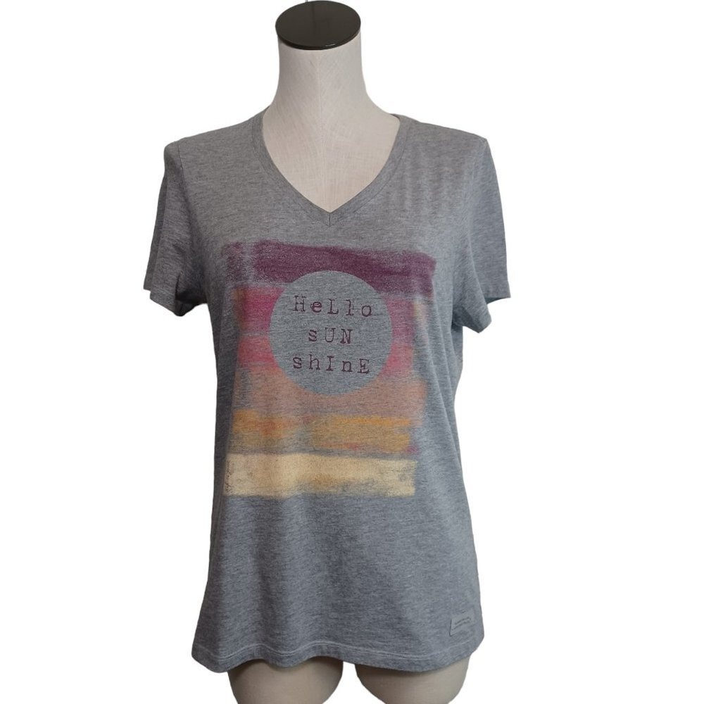 Life is Good Crusher Tee Womens Medium Gray Hello Sunshine Sunset V-Neck T-Shirt